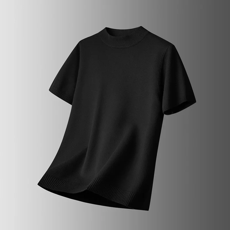 Half Turtleneck Sweater Men Half Sleeve Sweater Solid Color Plus Size Fat Man Autumn Thin-Shirt Short Sleeve Knitted Shirt