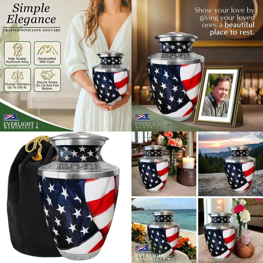 Urna de cremación con bandera patriótica americana, urna conmemorativa grande para cenizas masculinas y femeninas adultas para el hogar o la enterración