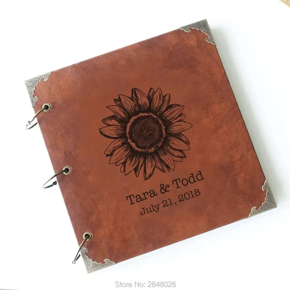Sunflowers Leather Photo Album/ Personalized wedding Album with couple name/Wedding Guestbook/ Flowers guest book