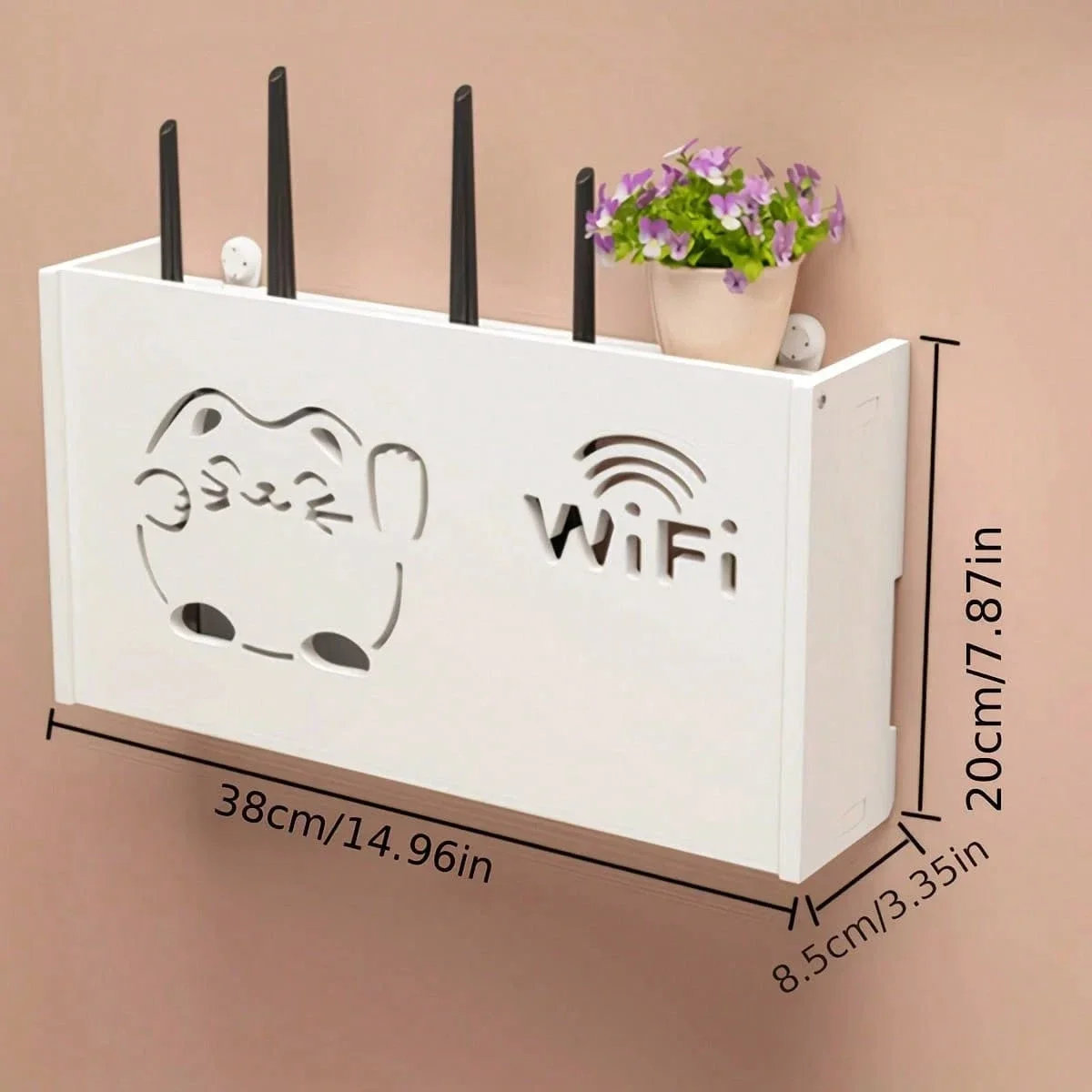 1pc Wall-Mounted Router Storage Box, Thickened Board, 2 Hollow Styles: Lucky Cat WiFi Hollow / Louver Breathable Heat Dissipation Design, Conceals Messy Cables And Beautifies Wall, No Drilling Easy Installation, Suitable For Living Room, Bedroom, Entryway view 2