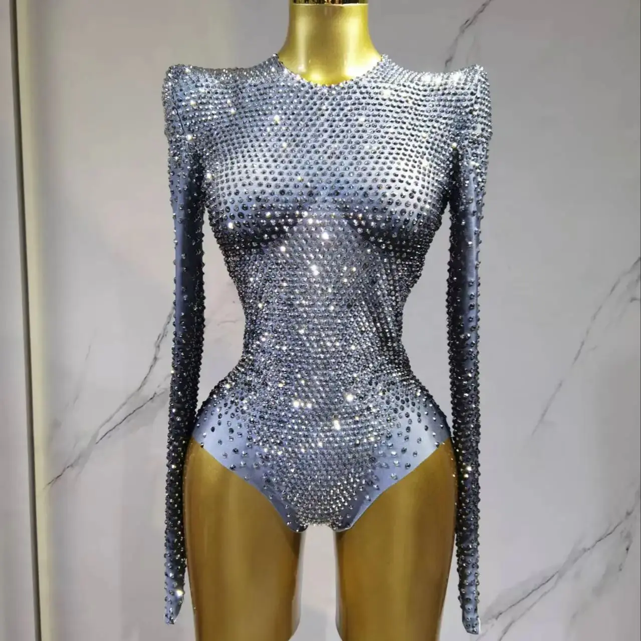 Silver Rhinestones Long Sleeve Stretch Bodysuits for Women Sexy Evening Luxury Party Nightclub Stage Costume Bodysuit