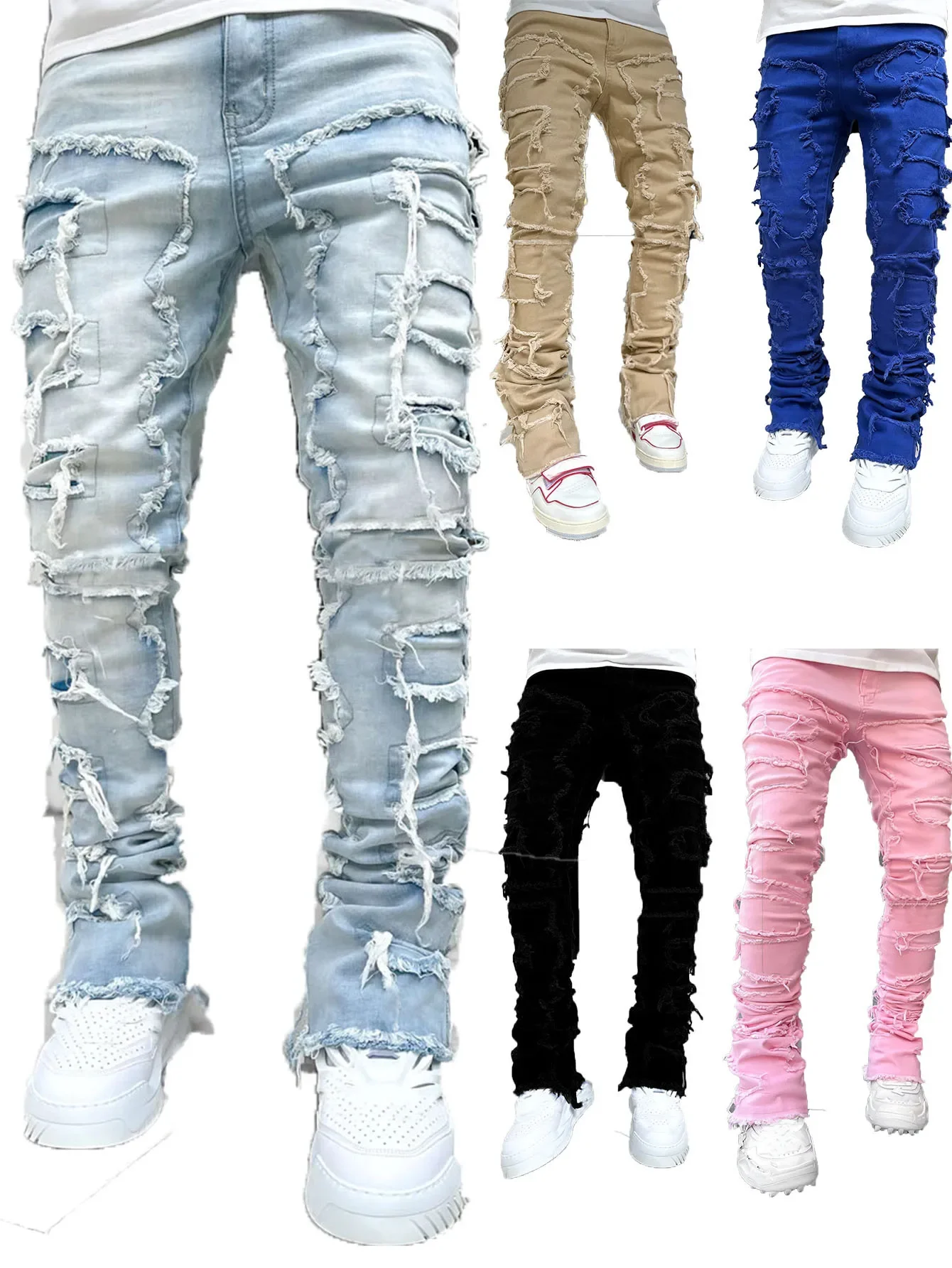 

Streetwise Stretch Patch Jeans for Men Bottom Baggy Men's Clothing Summer Solid New Fashion Mid Waist Patchwork Long Pants Male