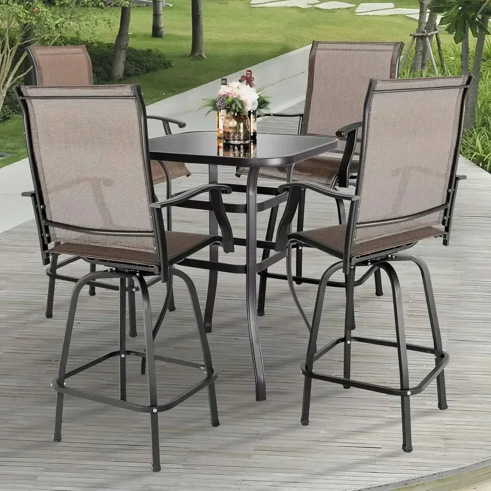 5-Piece Outdoor Patio Bar Set with Square Glass Table and 4 Swivel Textilene Chairs in Black & Brown