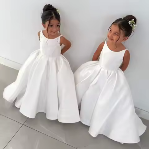 Elegant Bow Baptism Party Girls Dress Fashion Trailing Wedding Bridesmaids Princess Prom Dress Girl First Communion Evening Gown