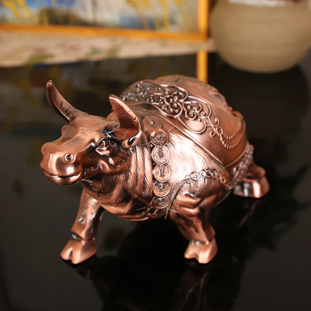 Bull Statues Retro Windproof Ashtrays With Cover Portable Smoker Metal Desktop Tray Decor Ash Holder Container Chinese Desktop