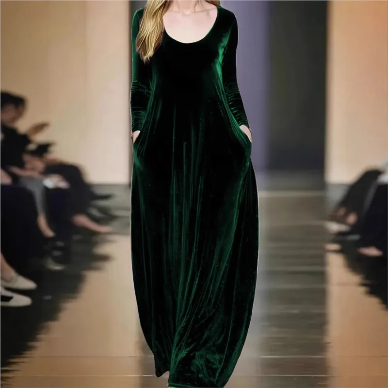 エレガントなベルベットのプロムパーティードレス 女性用 ヴィンテージ マキシドレス 秋冬新作 ゴールドベルベット Oネック 長袖