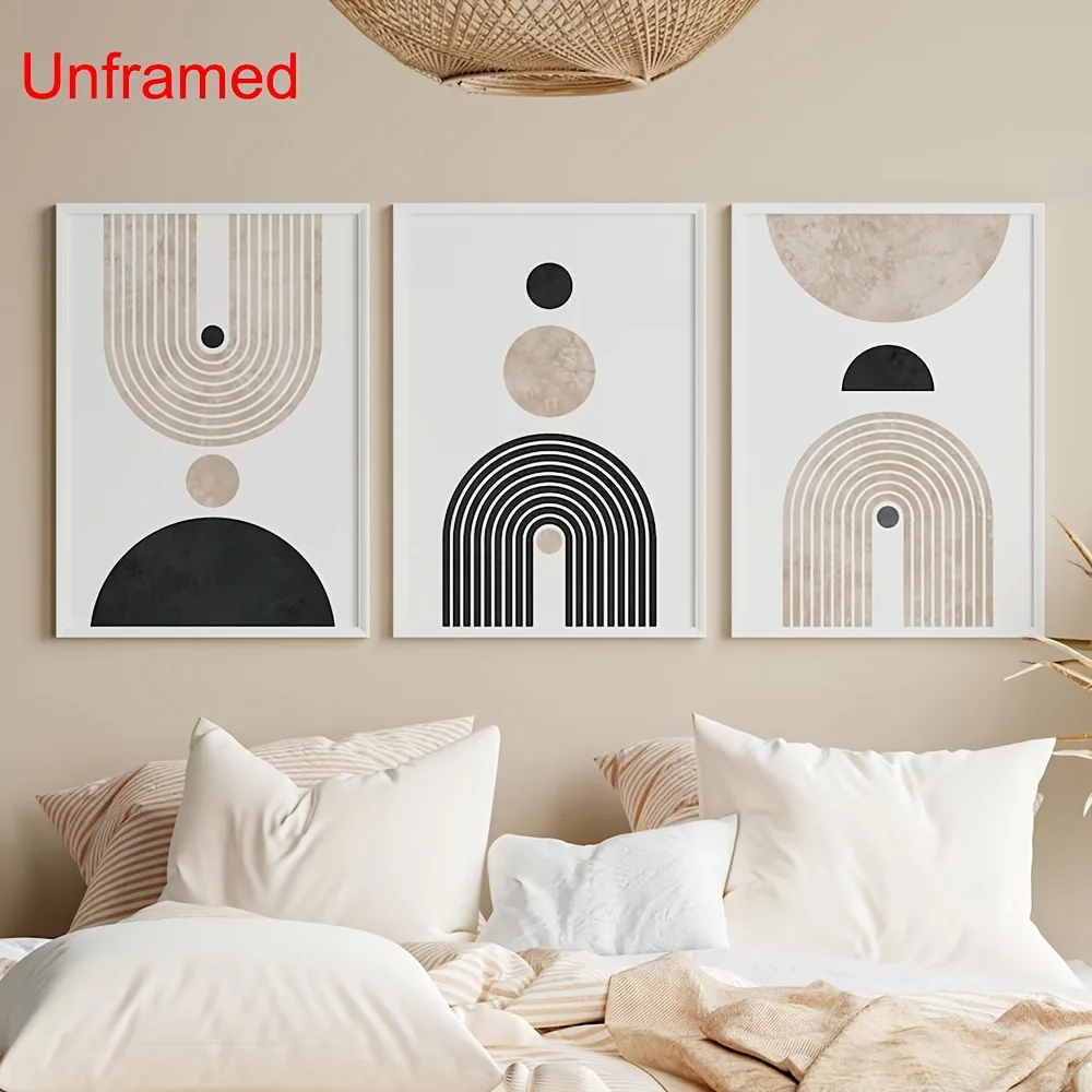 （3PCS NOFrame）-2D Flat, 2D Flat/[3 Retro Art Posters] Set of 3 Geometry Graphics Circle Arch Retro Art Poster Canvas Print Bl