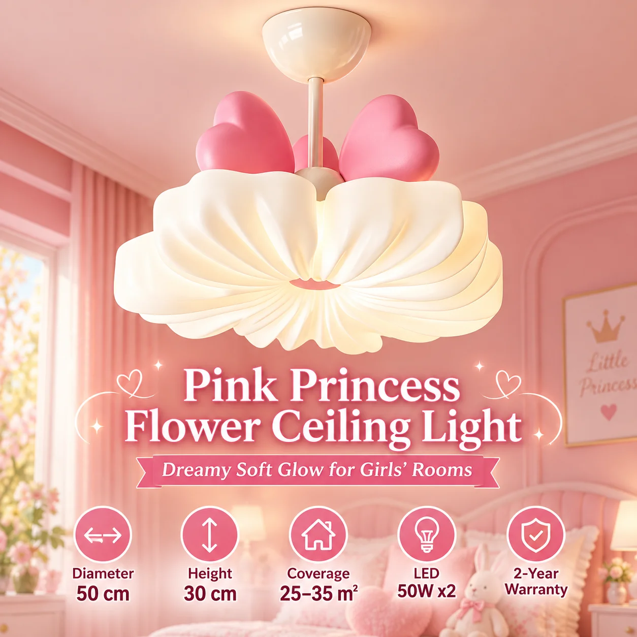 Cute Pink Heart Bow LED Ceiling Light, Romantic Flower Shape Semi Flush Mount Lamp for Girls Bedroom Kids Room Decor