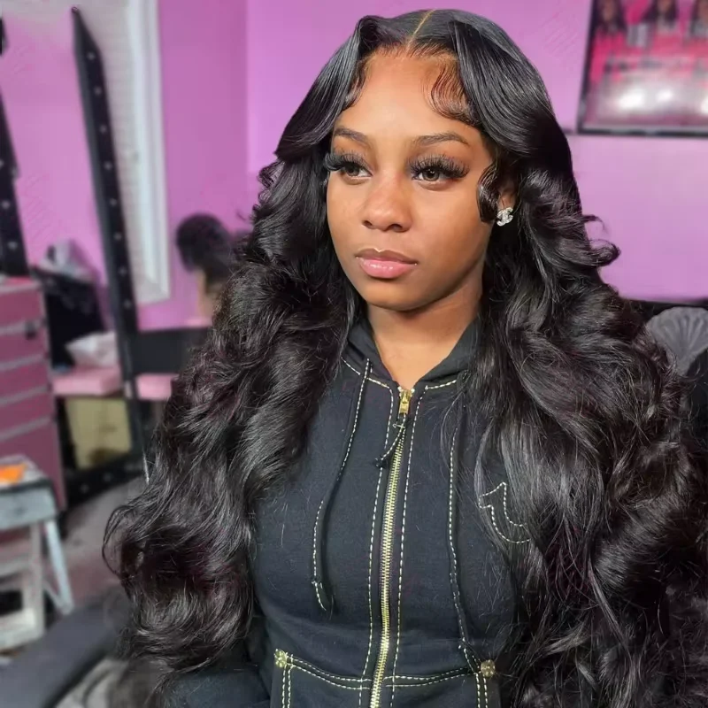 Peluca de cabello humano natural negro, Body Wave, frontal de encaje HD transparente 13x4, con nudos previamente arrancados y encaje frontal para mujer 8