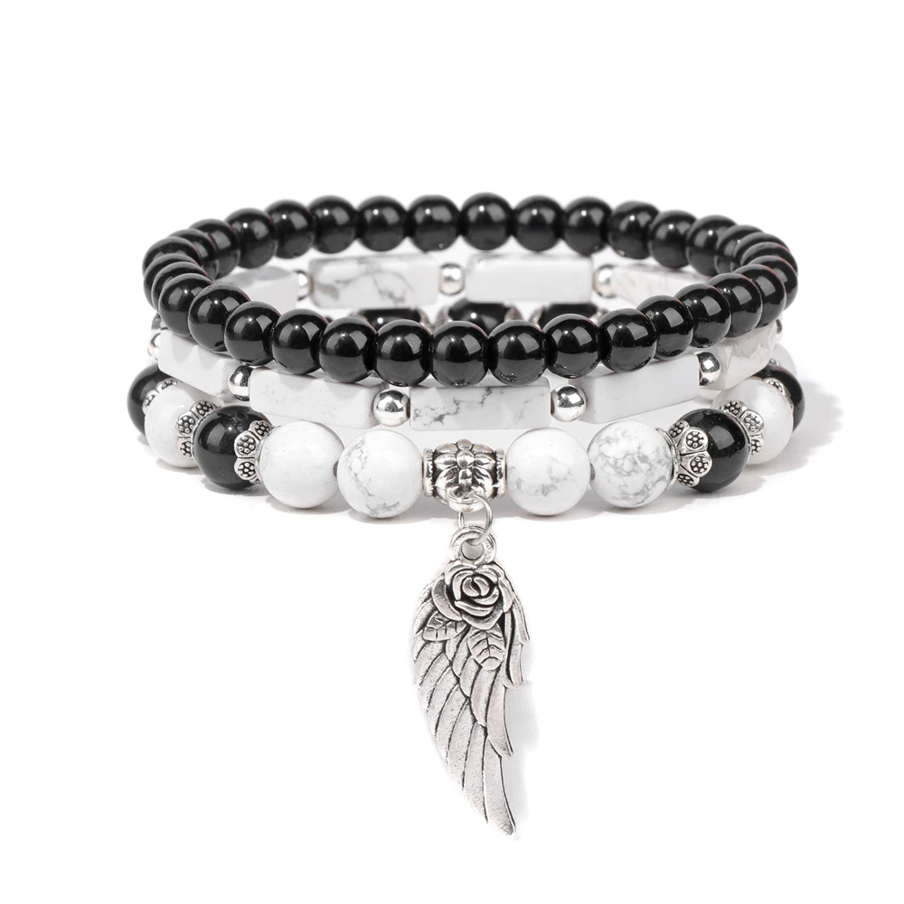 3 teile/satz Engel Flügel Charm Armbänder für Frauen Männer weiß Howlite Naturstein Feder Anhänger Glück Armband Meditation Schmuck