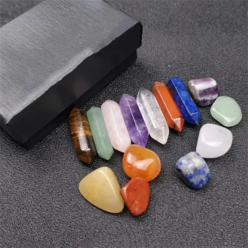 14pcs Hexagonal Column Set Double Pointed Column Green Dongling Tiger Eye Purple Crystal Powder Crystal Exquisite Gift Box