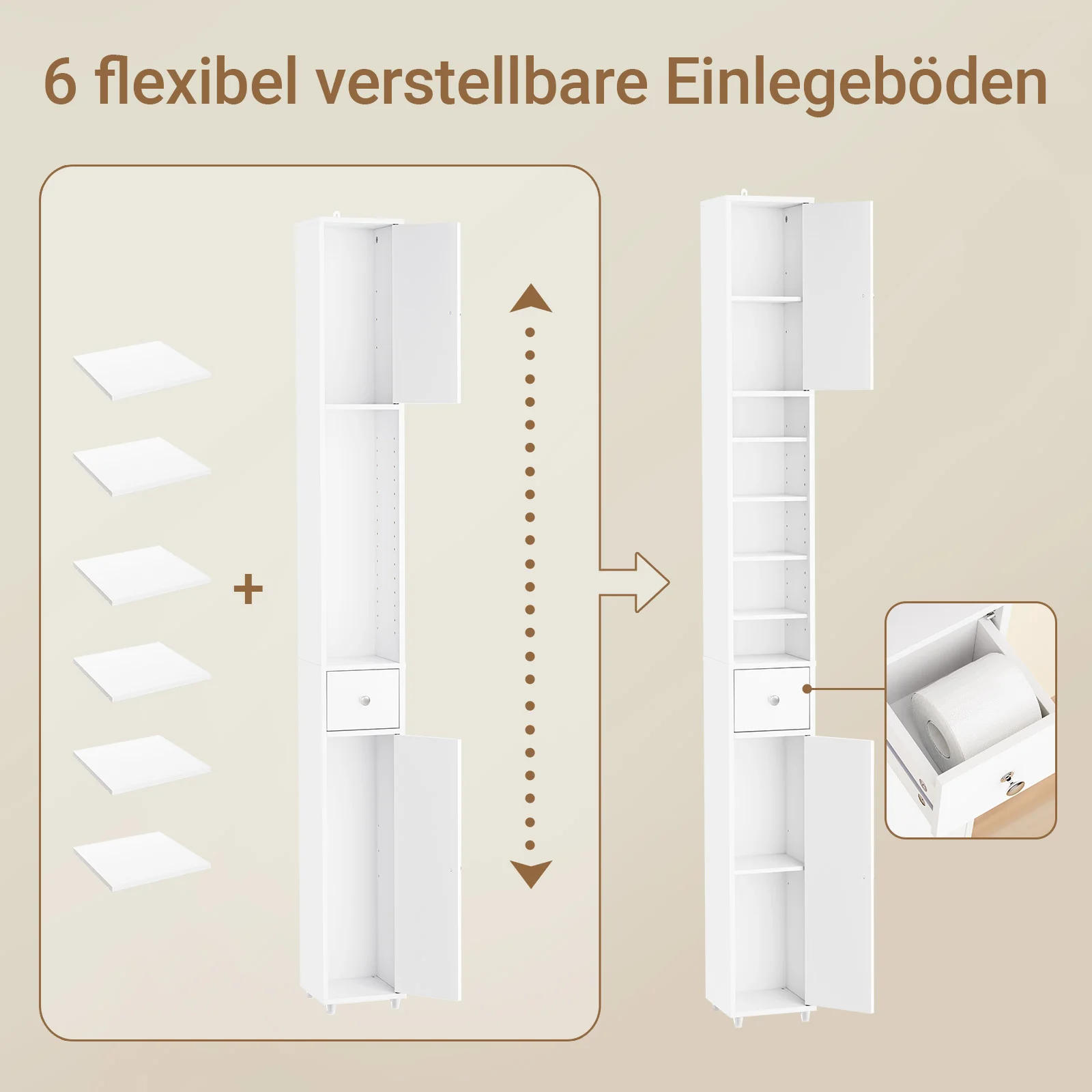 SoBuy BZR34 Badezimmerschrank Hochschrank Schmal Badschrank für kleine Bäder mit verstellbaren Einlegeböden Badezimmer 20x20x180 – Detail 11
