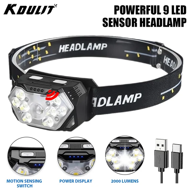 Mocna latarka czołowa LED z czujnikiem Reflektor USB z możliwością ładowania Latarka czołowa LED Camping Światło wyszukiwania z wbudowaną baterią Latarnia wędkarska