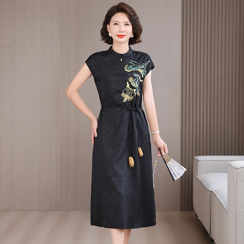 Summer Chinese Style Silk Jacquard Midi Sundress 2025 Women Boho Fashion Casual Embroidery Dress Elegant Luxury Festival Vestido