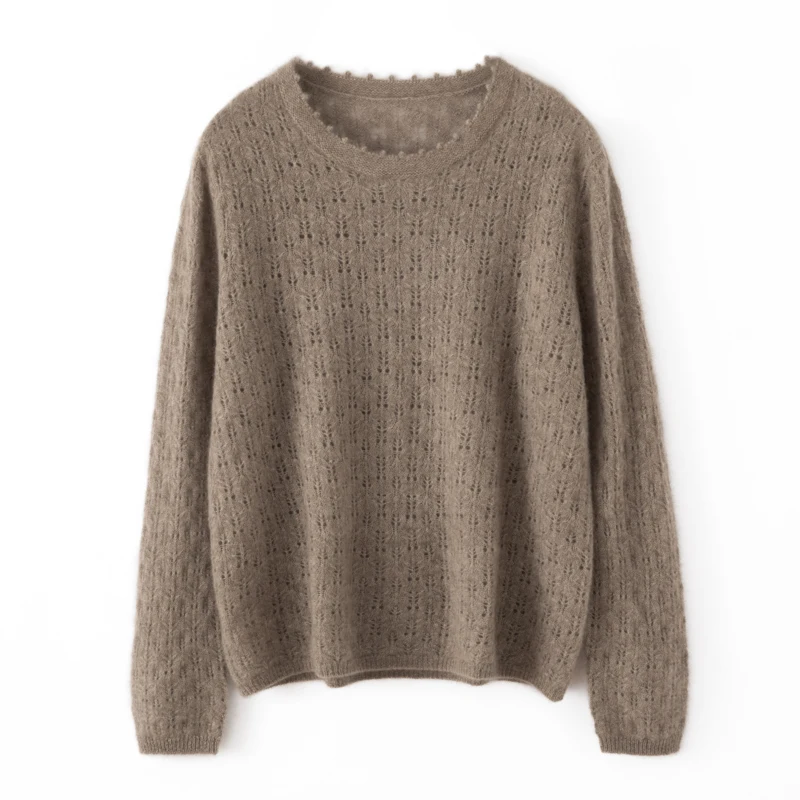 

Ladies' 100% cashmere pullover casual hollow knitted sweater loose round neck Tops high-quality luxury brand thin Pull Jumper