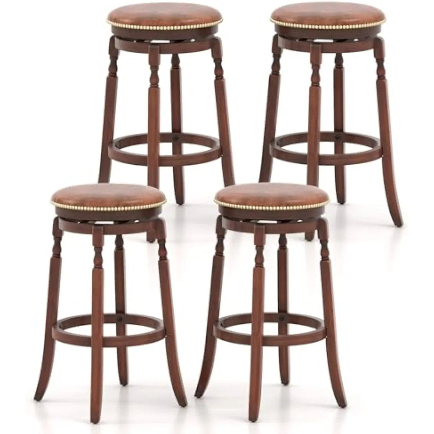 

Bar Stools Set of 4, 29.5 Inch Swivel Counter Height, Solid Wood Frame, Upholstered Pu, Sponge Cushion, Brown, Vintage Style,