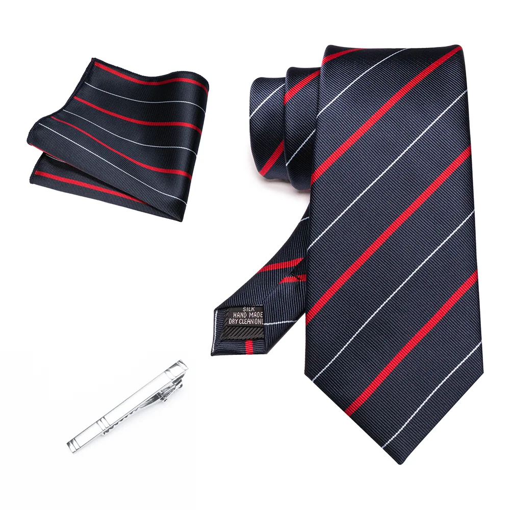 Herren Marineblau Krawatte Rot-Grün Gestreiftes Krawattenset Glänzender Clip Hochwertiges Einstecktuch für Business-Anzüge Anlässe Hochzeit Party – Detail 7