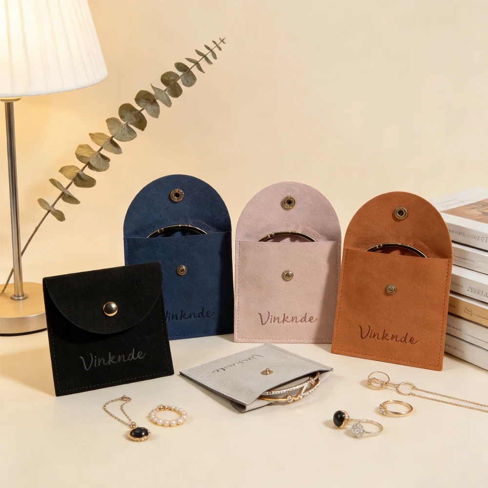 

100 Pack Custom Logo Microfiber Snap Button Jewelry Pouch Bag Necklace Bracelet Storage Bag Wedding Gift Bags Packaging Bag