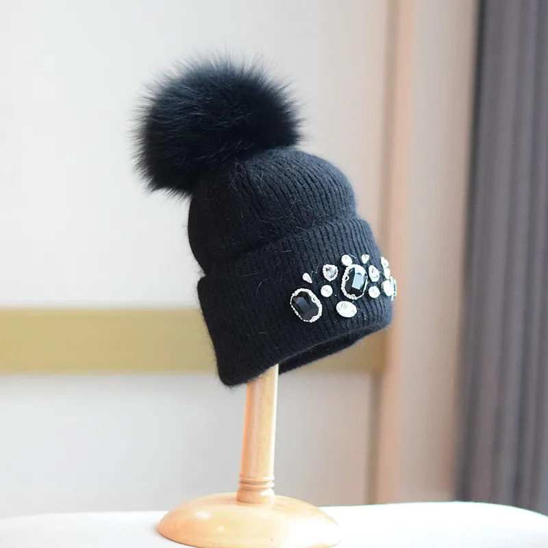 Women Thick Warm Cap For Women Autumn Winter Alloy diamond Fur Knitted Beanies Hat With Detachable Real Fox Fur Pom Poms