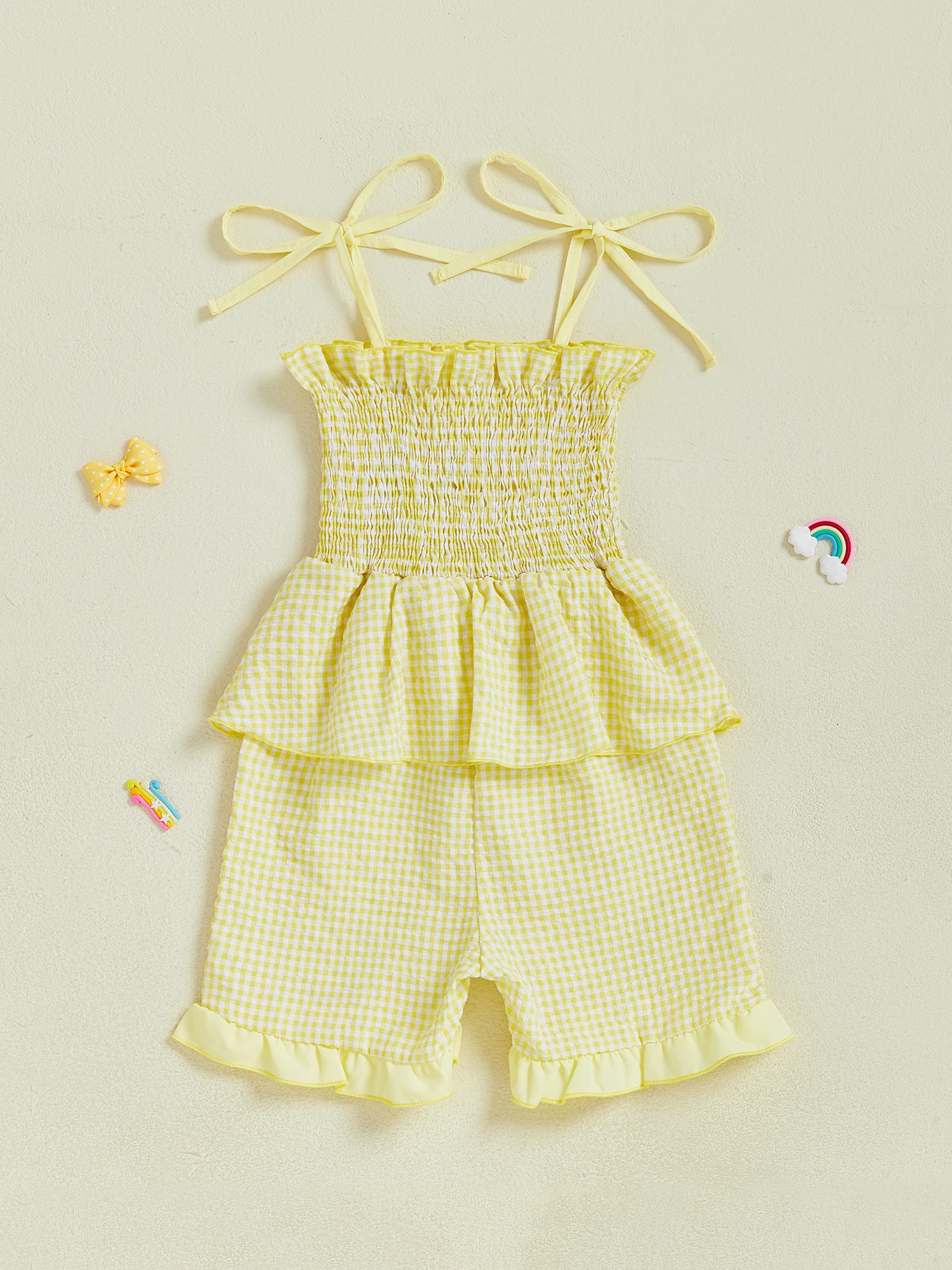 

Toddler Girl s Back to School Plaid Overalls with Apple Pencil Embroidery and Tie Shoulder Detail - Smocked Shorts Jumpsuit for