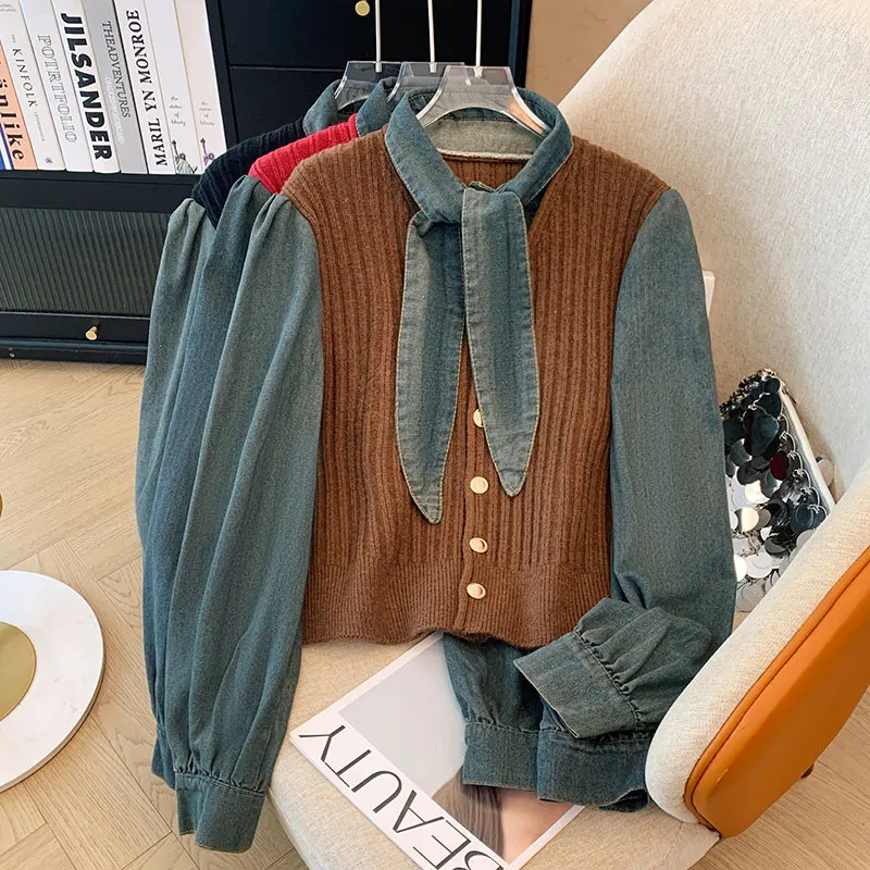 Fashion tassel Denim Autumn New Fake Two Piece Sweater Women's Contrast Button Loose Simple Patchwork Long Sleeve Knit Top cloth