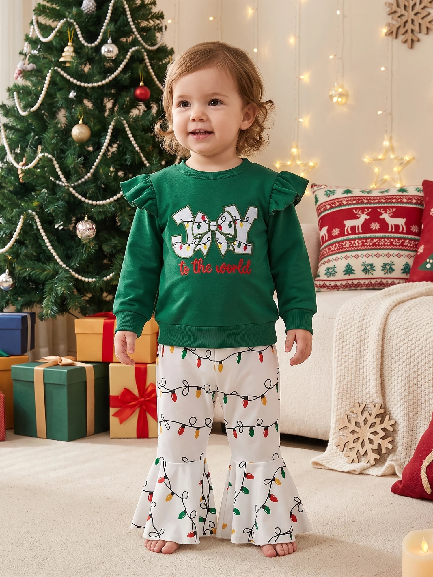 Christmas-Outfit-Letters Letters Sweatshirt With With String Lights String Outfit Letters Sweatshirt Lights Print Pants