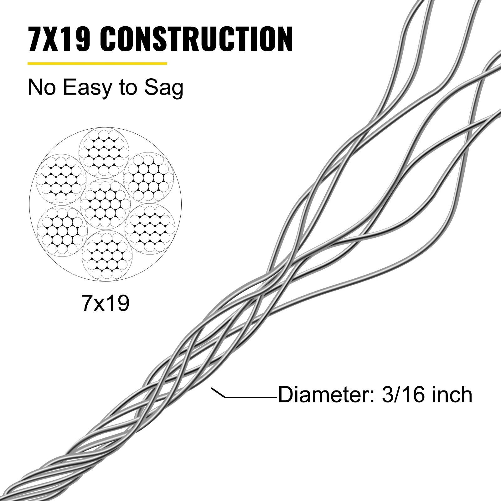 VEVOR-Cable de acero galvanizado para construcción, Cable de avión de 3/16 pulgadas, 249 pies, 7x19, con abrazaderas