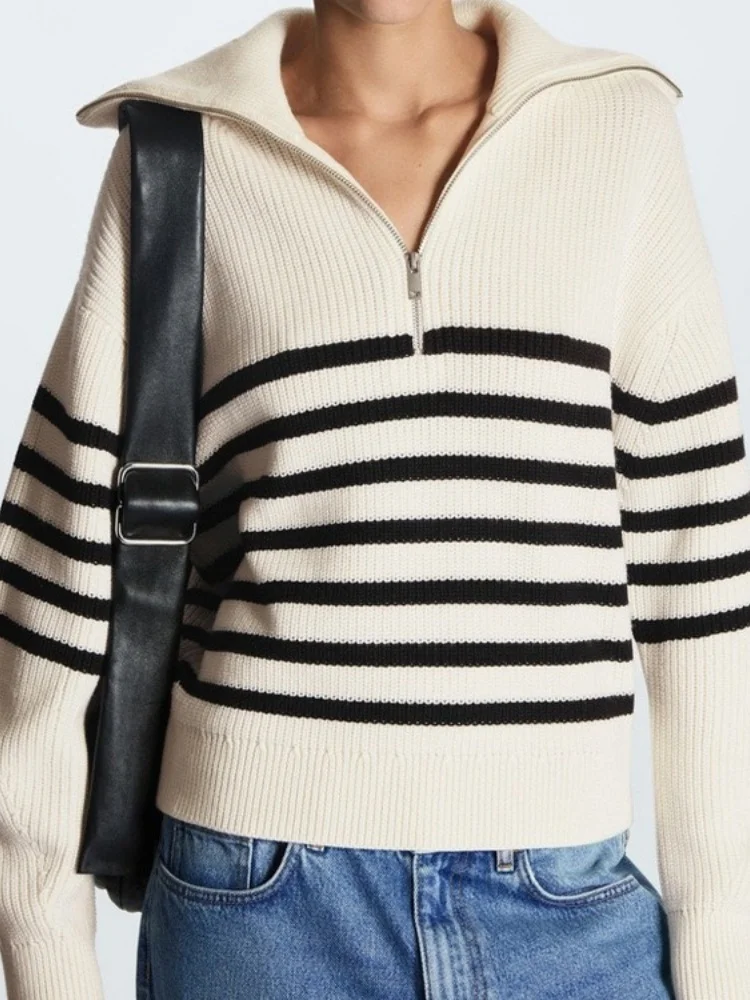 Women Striped Sweater 2025 Autumn Winter New Women's Sweater Half Zip Striped Long Sleeve Lapel Pullover Color Block Knit Top 3