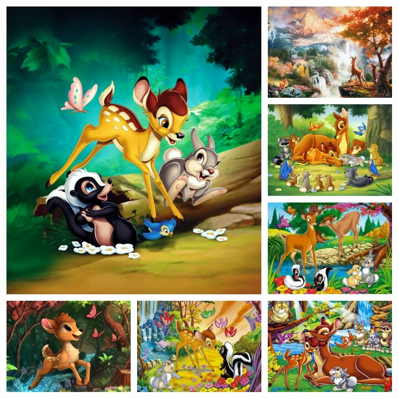 Disney Bambi Cartoon Diamond Painting Art Cute Fawn With Butterfly And Rabbits Scenery Mosaic Cross Stitch Kid's Gift Decor