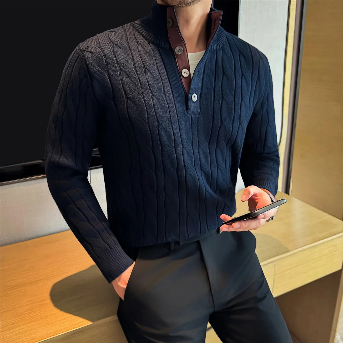 

British Style Knitted Sweater for Men Henry Collar Wool Sweater Retro Social Casual Business Pullover Slim Fit Knitwear Tops