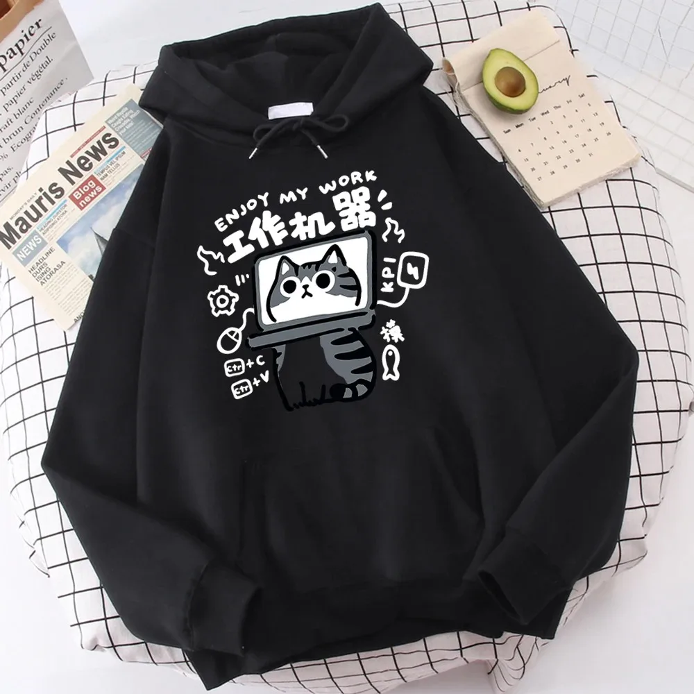 Cartoon Cat Is Ana Abstract Work Machine Casual Long Sleeve Pullover with Kangaroo Pockets Comfort Harajuku Youth Cartoon Hoody