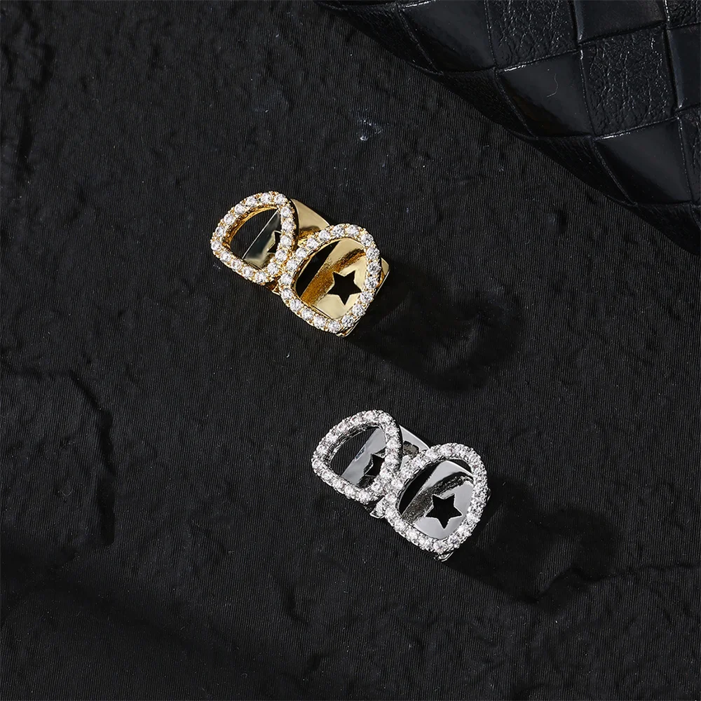 Fashion Double Hollow Tooth Grillz Hip Hop Copper Iced Out Cubic Zircon Stone Hollow Teeth Grillz For Women Men Body Jewelry