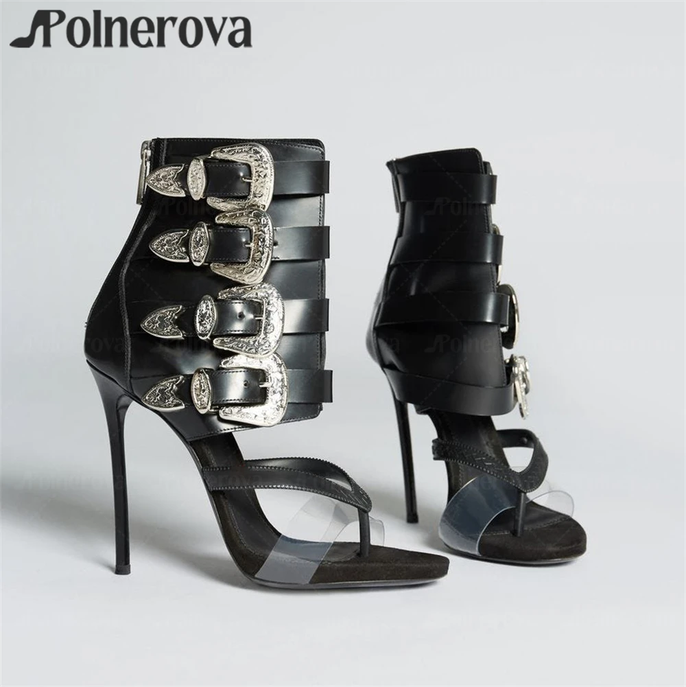 Flip Flop Stiletto Sandal Boots Metallic Punk Belt Buckle High Heels Sexy Summer Boots for Women Customizable Handmade Sandals