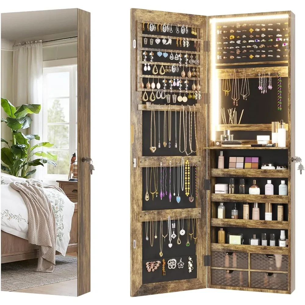 

LED Rustic Brown Jewelry Armoire Organizer, Wall/Door Mounted with Full-Length Mirror, Large Storage Hanging Cabinet