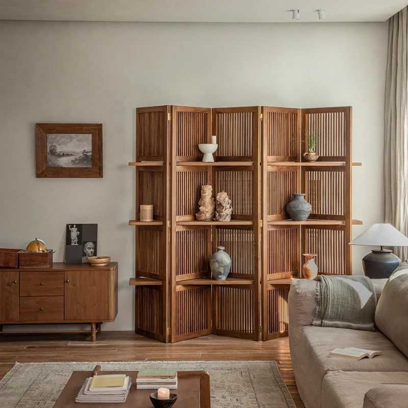 

Indonesian teak folding solid wood screen partition with shelf retro creative designer living room furniture