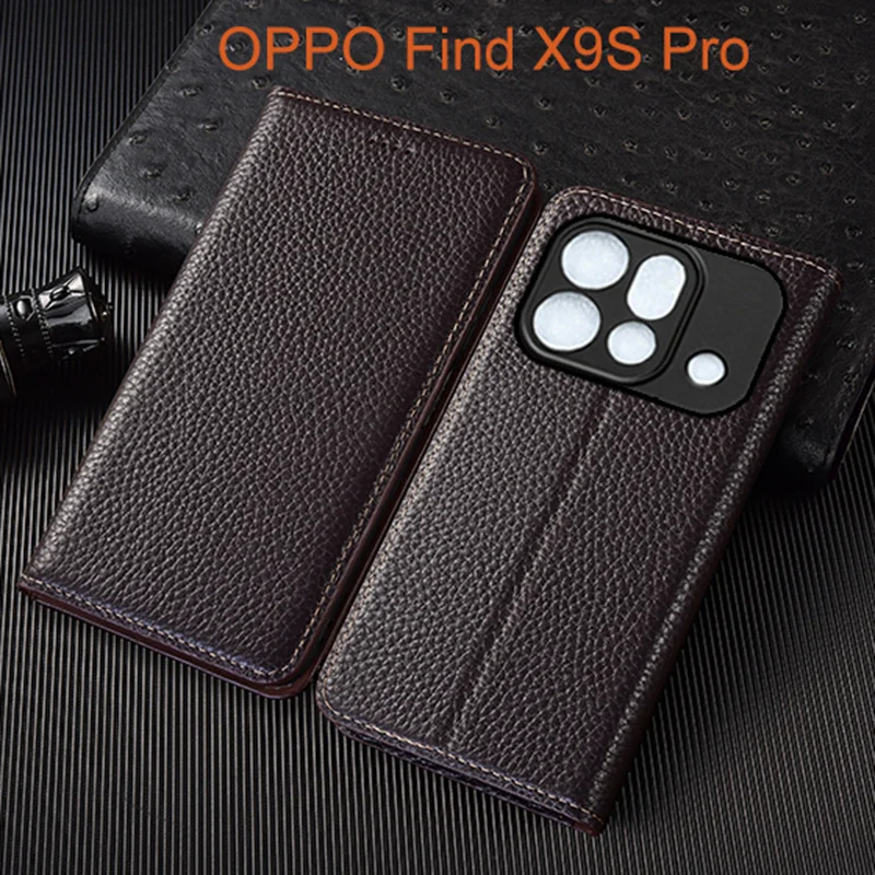 Genuine Leather Flip Case For OPPO Find X9S Pro Phone Cover Card Cases Litchi Pattern Handmade