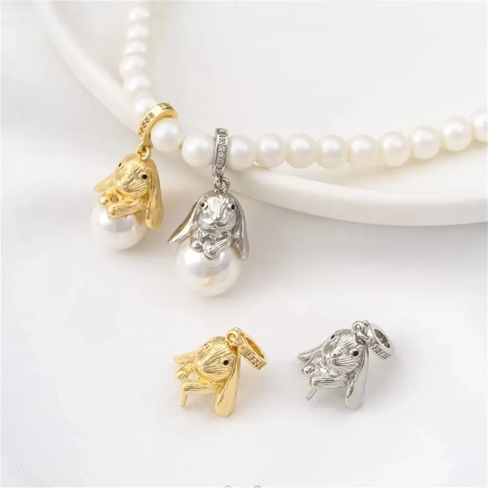 

14K Gold-coated Universal Buckle Rabbit Beaded Pendant Lopunny Diy Handmade Sticky Crystal Pearl Necklace Charms Pendant K609