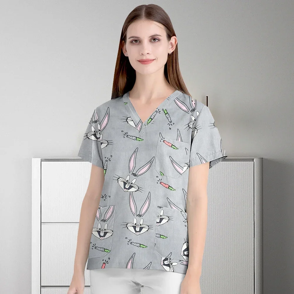 Mulheres cirúrgicas estampas de enfermagem esfrega tops e calças, tops de manga curta, uniforme de trabalho com decote v, blusa, uniforme enfermeira, venda quente