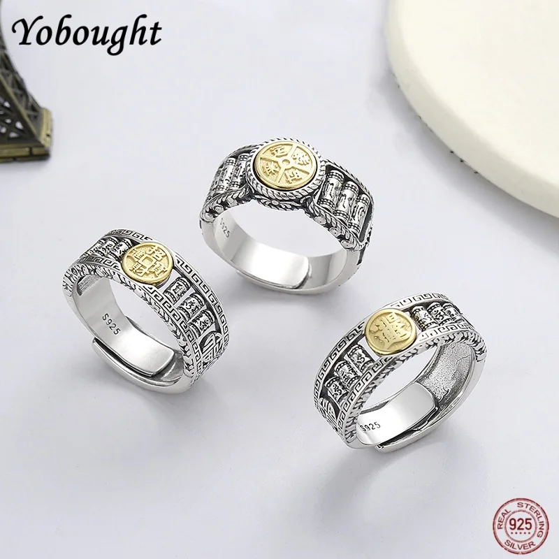 Real S925 Sterling Silver Vintage Prayer Tube Beads Come And Go Ring Male Dominance Lucky Jewelry