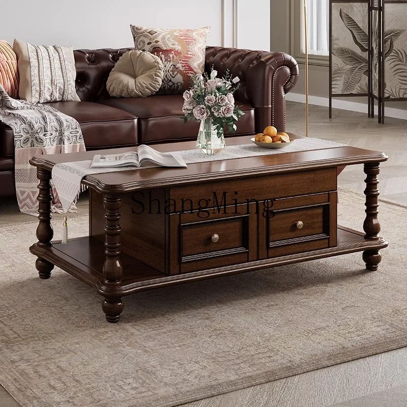 

SM solid wood living room household rectangular table with drawers fruit plate table small apartment retro tea table