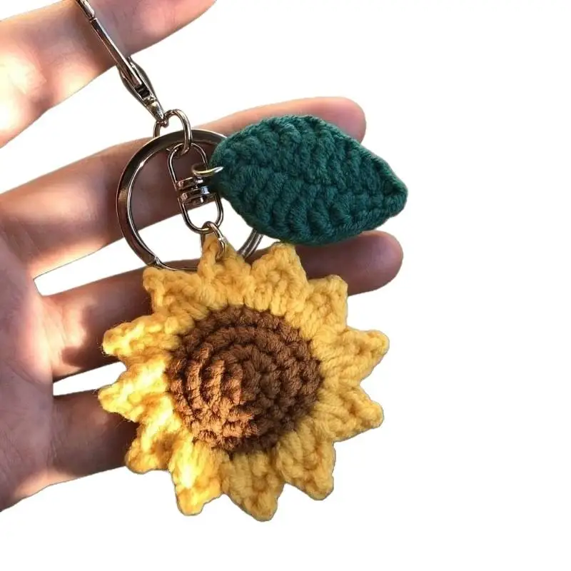 Handgefertigter Häkel-Sonnenblumen-Schlüsselanhänger mit grünem Blatt-Anhänger zur Rucksackdekoration, täglicher Gebrauch, Geschenk für Sonnenblumen-Fans – Detail 2