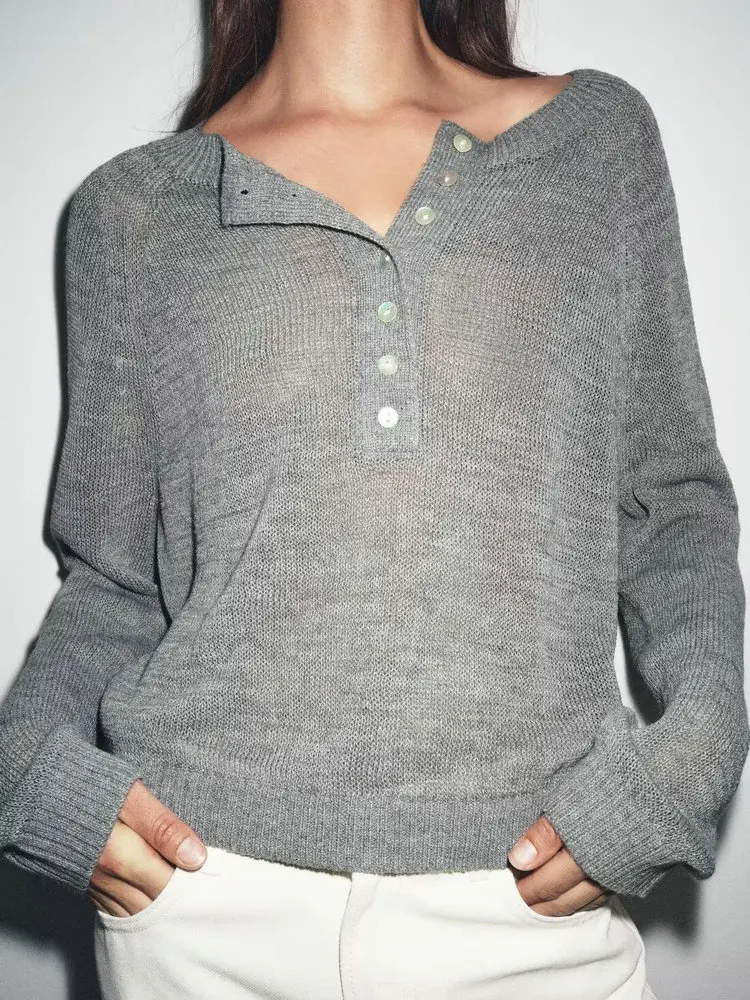 

2025 New Autumn Women's Fashion V-neck Hollow Out Loose Gray Sweaters Lady Elegant Knitted Long Sleeve Buttons Pullovers Tops