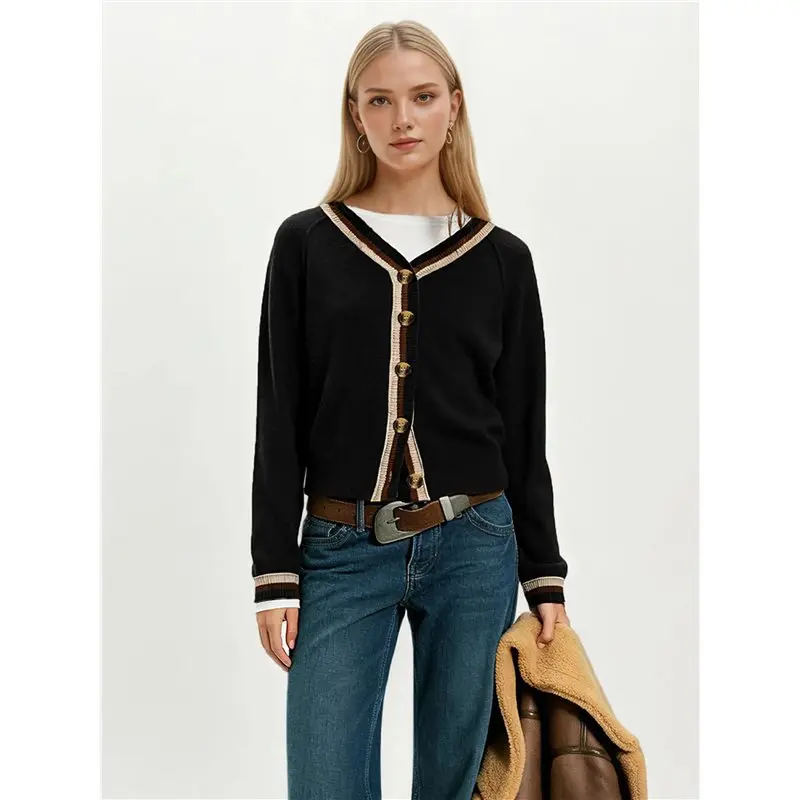 NEW-Women's Cropped Cardigan Sweaters Fall Long Sleeve Button Down Color Block Knit Outwear Coats