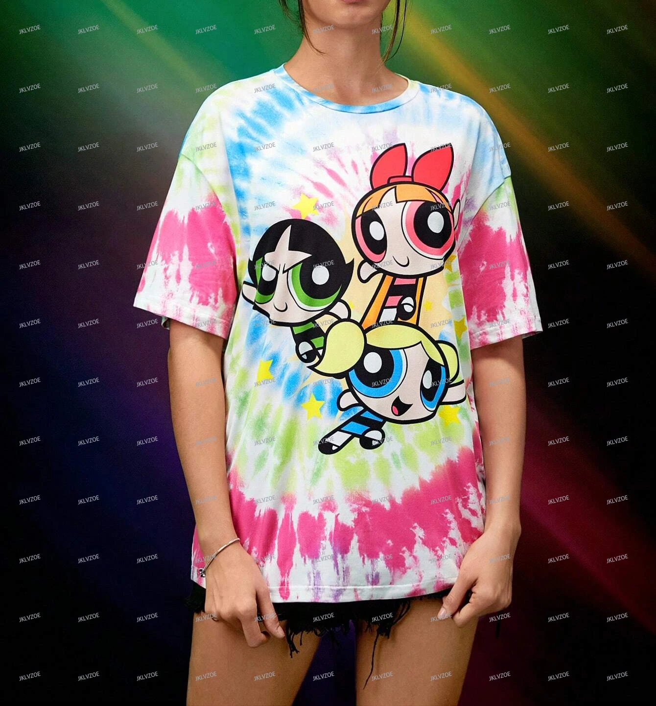 THE POWERPUFF GIRLS Cartoon And Tie Dye Print Tee Sports Style Print Casual T-shirt Women's Clothing Men's T-shirt