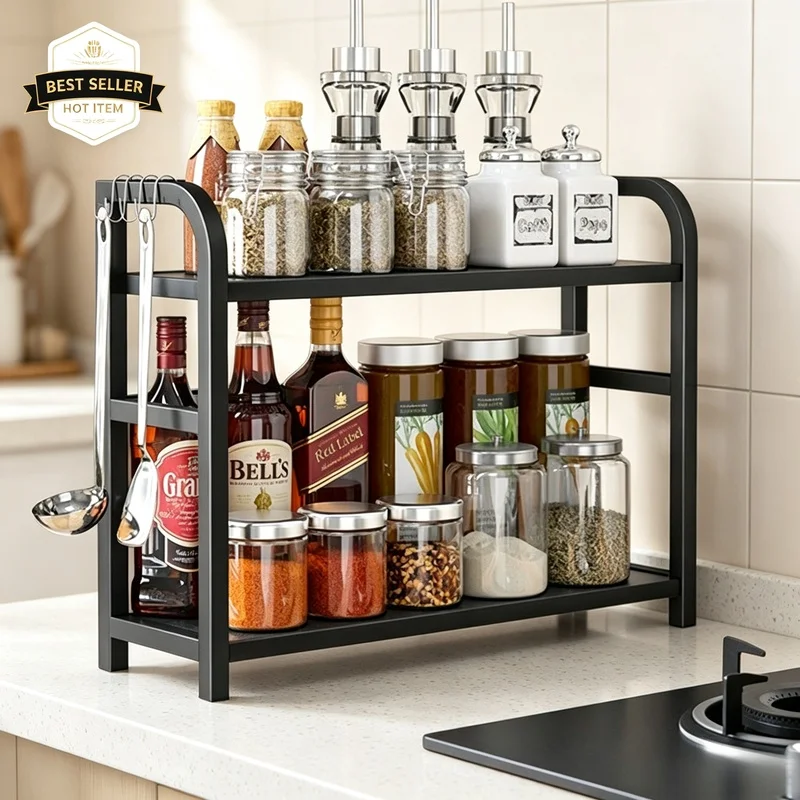 1Pc 2‑Tier Rust‑Resistant Metal Countertop Storage Shelf, Space‑Saving Kitchen Organizer for Mugs Spices Condiment Bottles