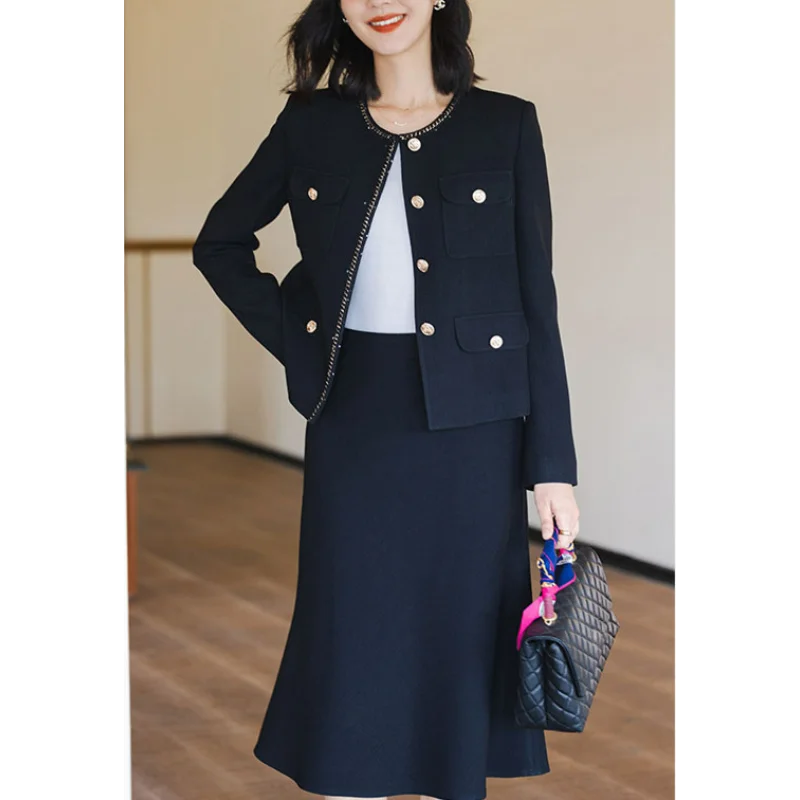 Black Acetate Fiber Blazers Set Autumn Women Luxury Collarless Skirts Suits Xiaoxiangfeng Jacket Suit Button Long Sleeves Coats