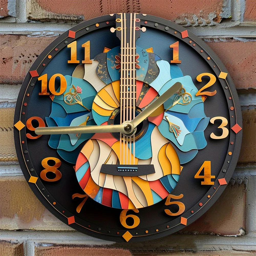 Silent Guitar-Themed Aluminum Wall Clock - Diy, 2D Effects for Living Room Decor Wall Clock Modern Design