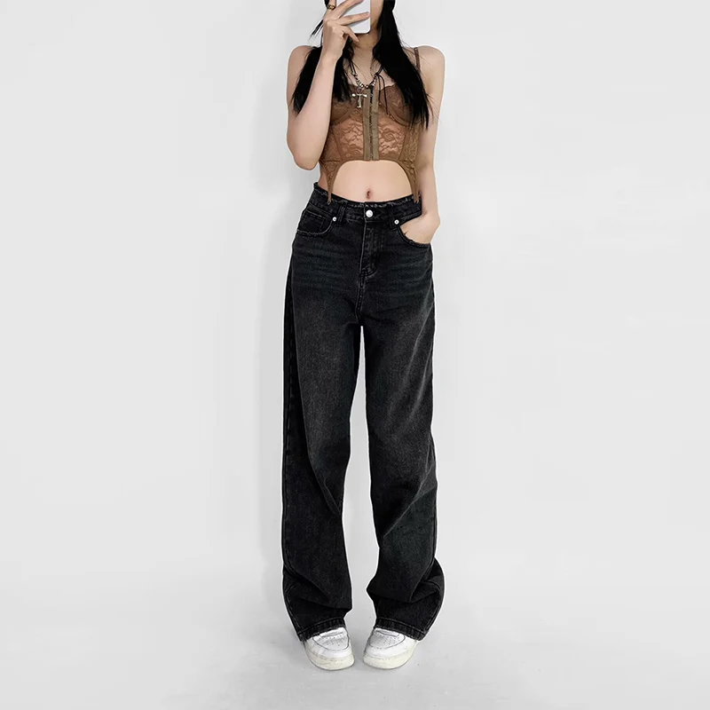 Spring 2025 Women's Faion Versatile High Waist Frayed Hem Loose Fit Floor-Length Denim Pants Casual Sle by Z