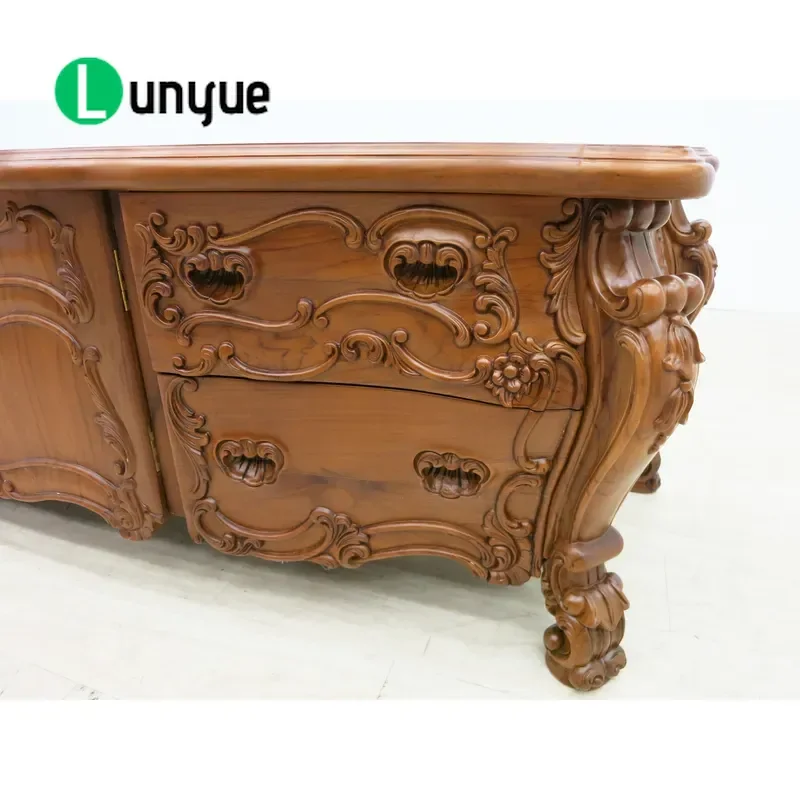 Hand Carved European Style Teak DVD Player Cabinet 3 Doors 4 Drawers Modern Design Storage Furniture for Living Room Hotel
