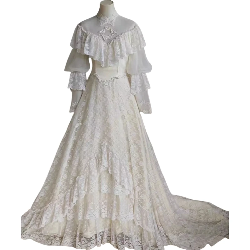 Vintage Bohemian Wedding Dress Sheer High Collar A-Line Lace Bridal Gown Long Sleeves Victorian Women Robe Customized